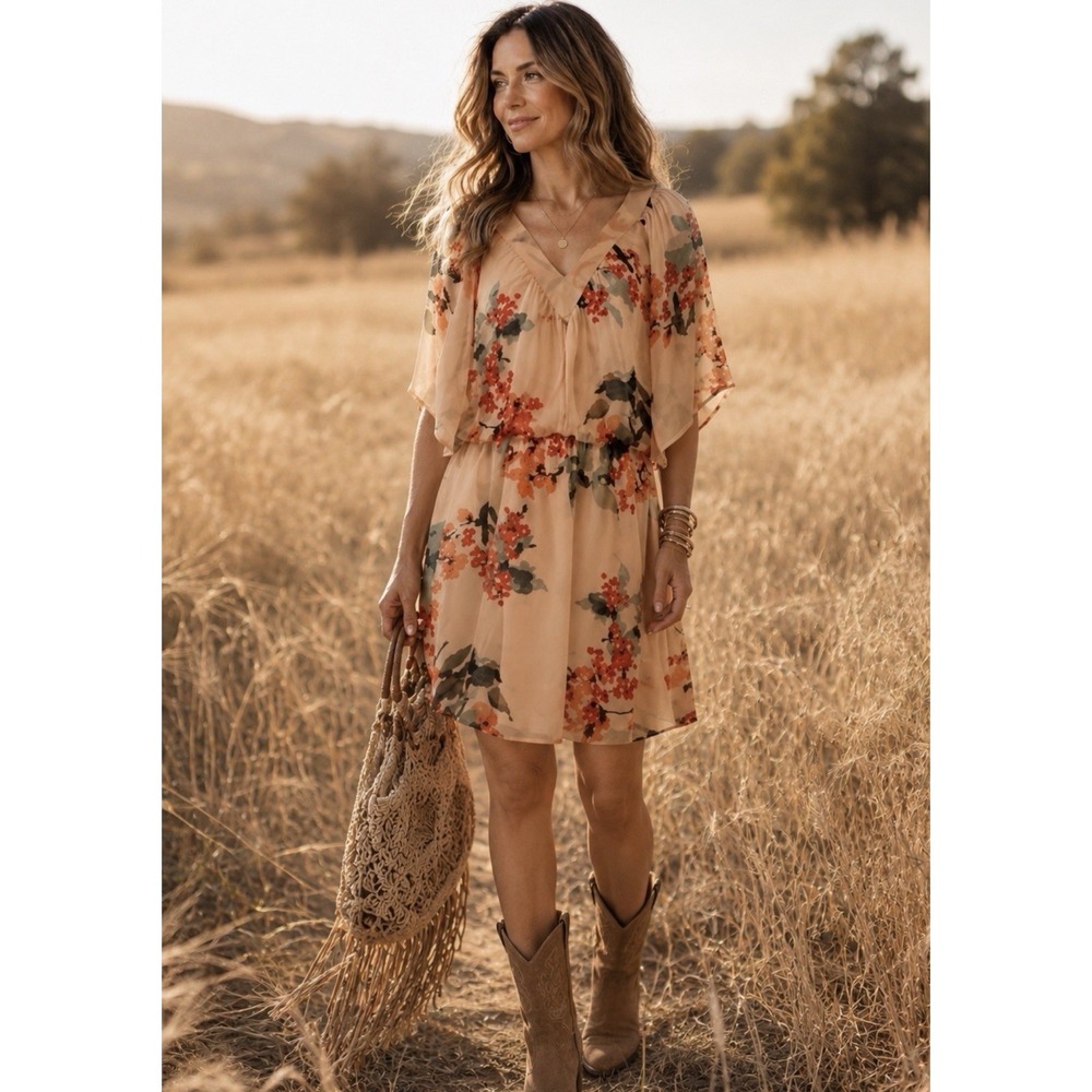 NEW Gypsy 05 Global Village 100% Silk Dress Sz S Boho Hippie Flowy Gypsy Flowy